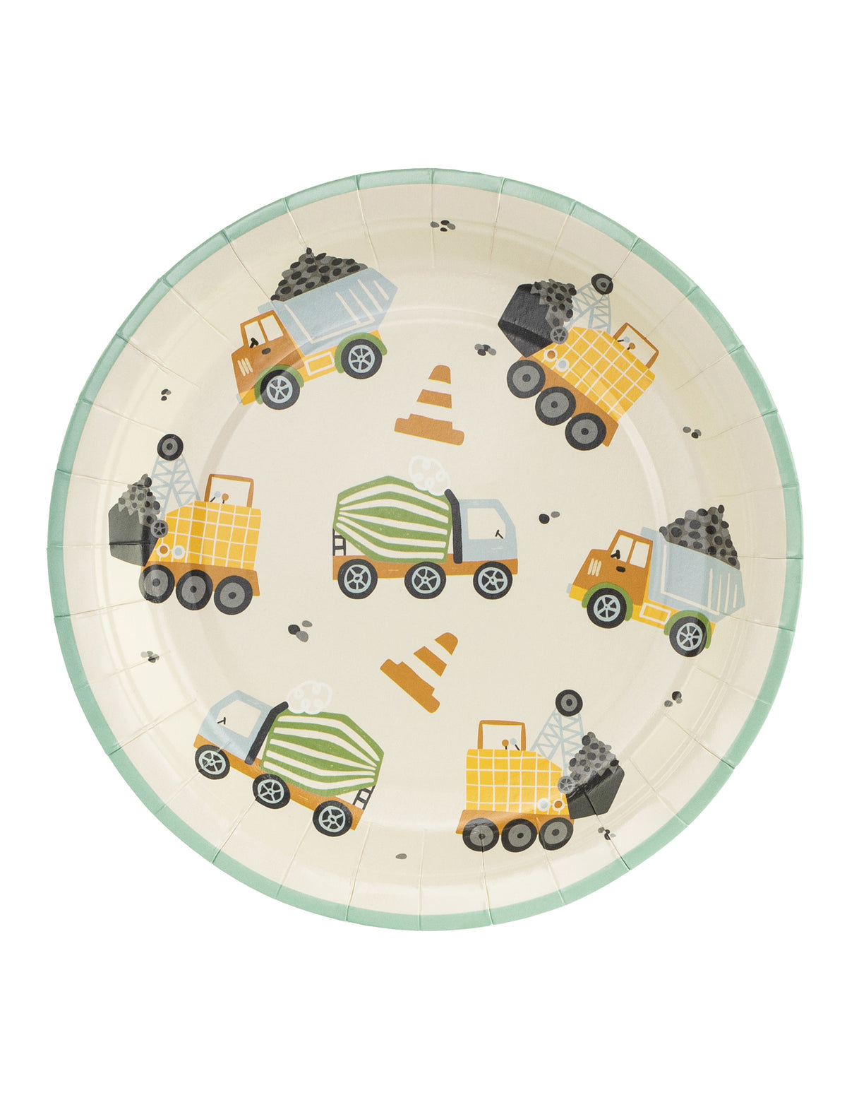 Assiettes camions de chantier pour enfant beige avec bordure verte et motifs colorés