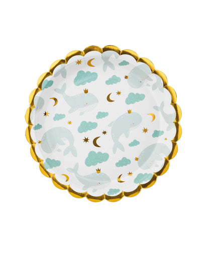 6 malých papierových tanierov s motívom nebesky modrej veľryby 18 cm so zlatými okrajmi