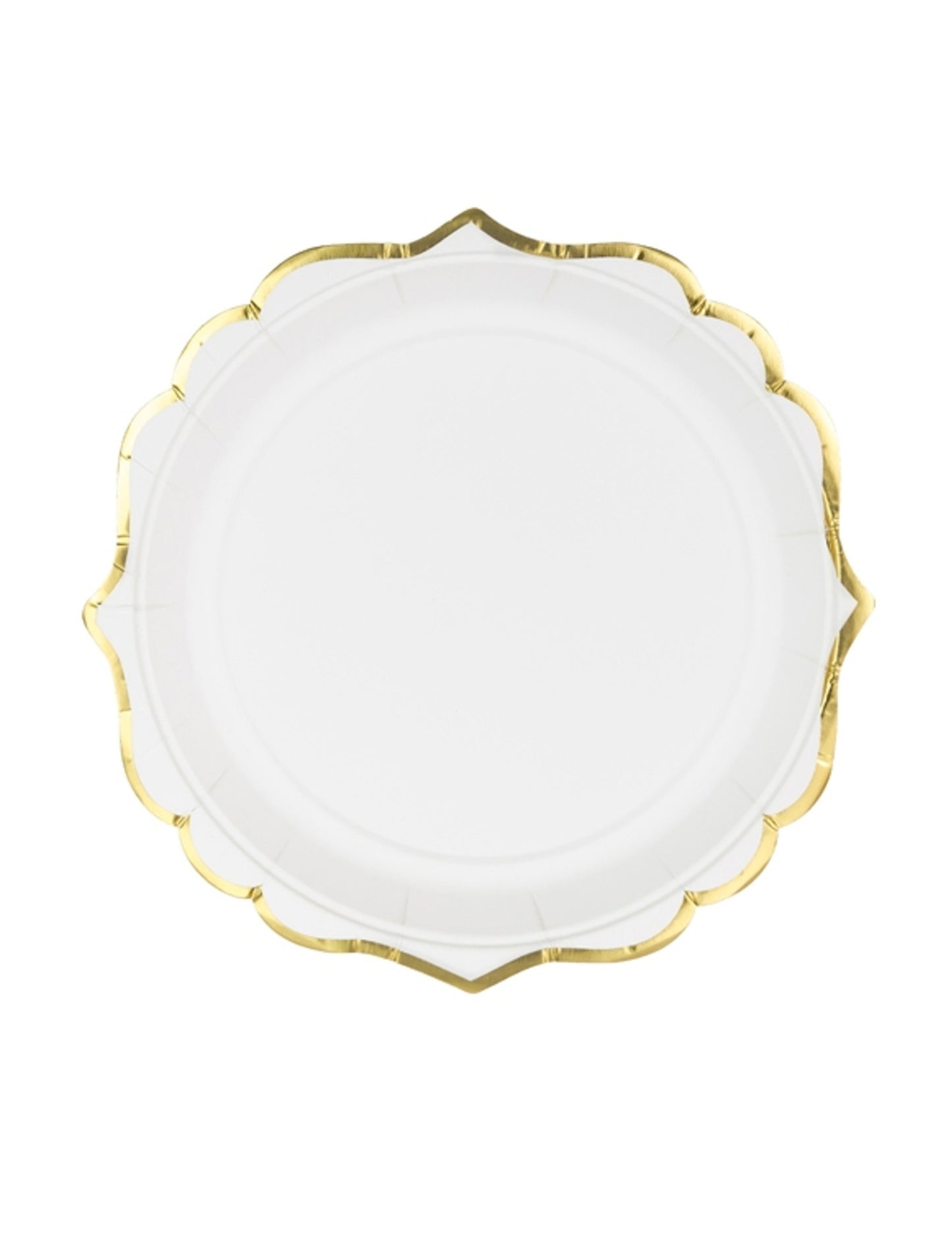 Petites assiettes en carton bordures ciselées pour fête blanches et dorées