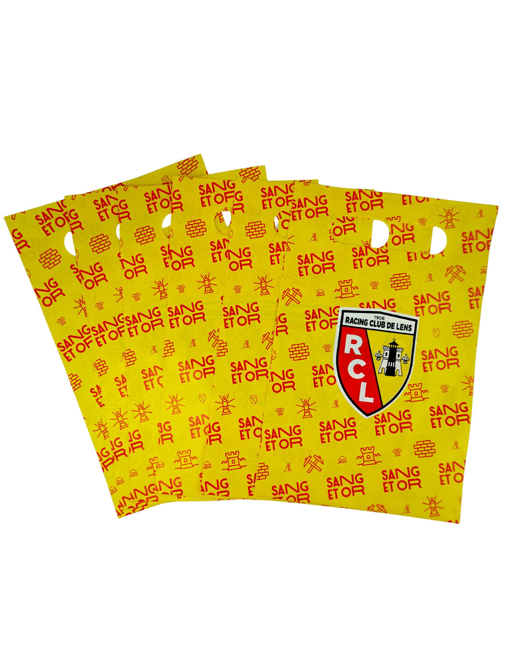 Sacs cadeaux RC Lens pour anniversaire jaunes et rouges avec motif Sang et Or
