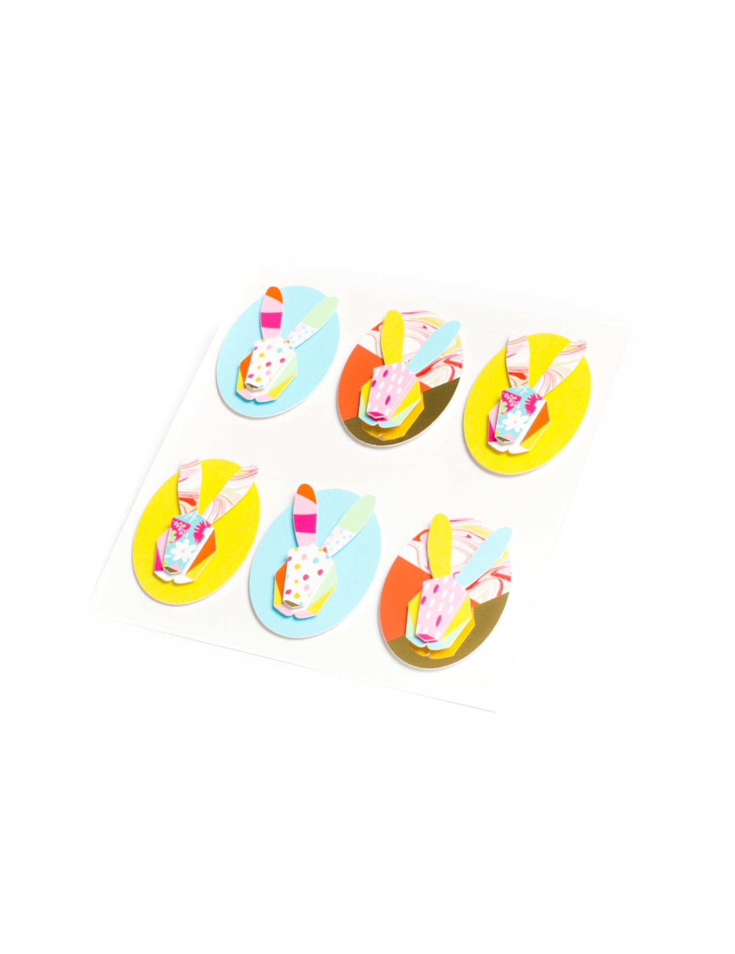 6 viacfarebných grafických nálepiek s králikmi 4,5 cm na Veľkú noc