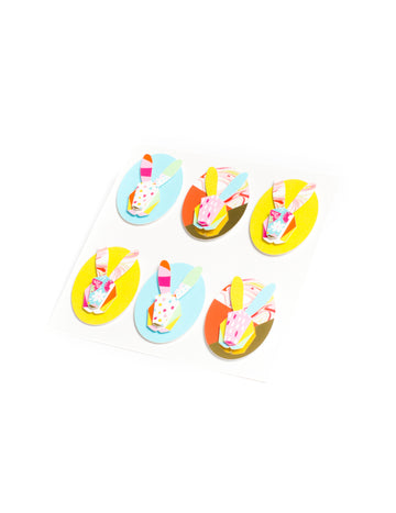 6 viacfarebných grafických nálepiek s králikmi 4,5 cm na Veľkú noc