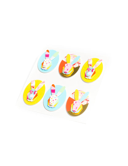 6 viacfarebných grafických nálepiek s králikmi 4,5 cm na Veľkú noc