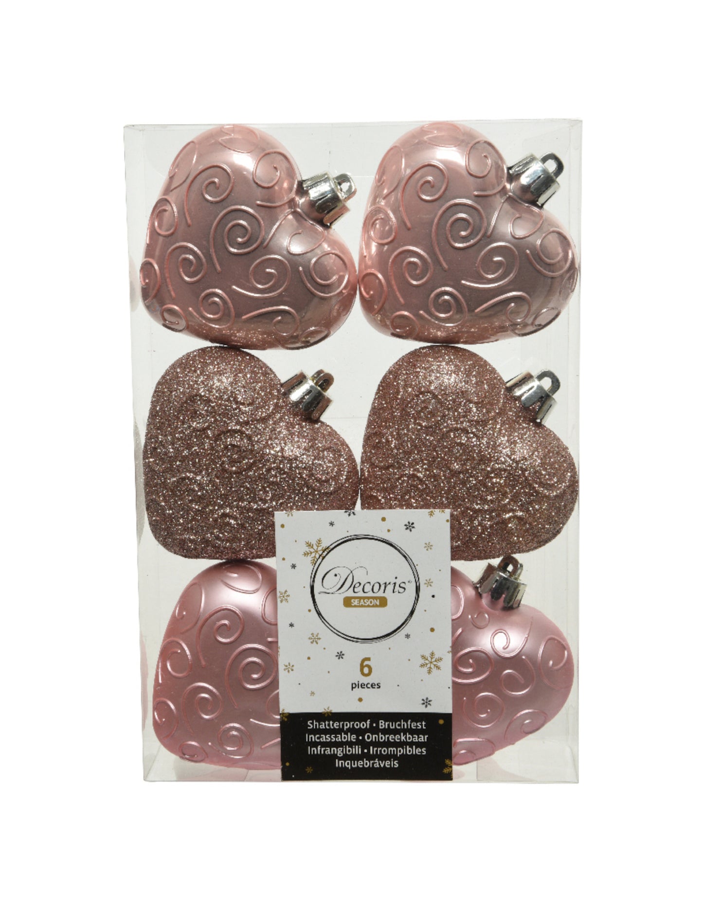 6 ružovo-zlatých ozdôb na vianočný stromček v tvare srdca 7,5 cm flitrovaný