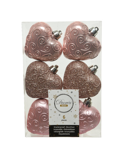 6 ružovo-zlatých ozdôb na vianočný stromček v tvare srdca 7,5 cm flitrovaný