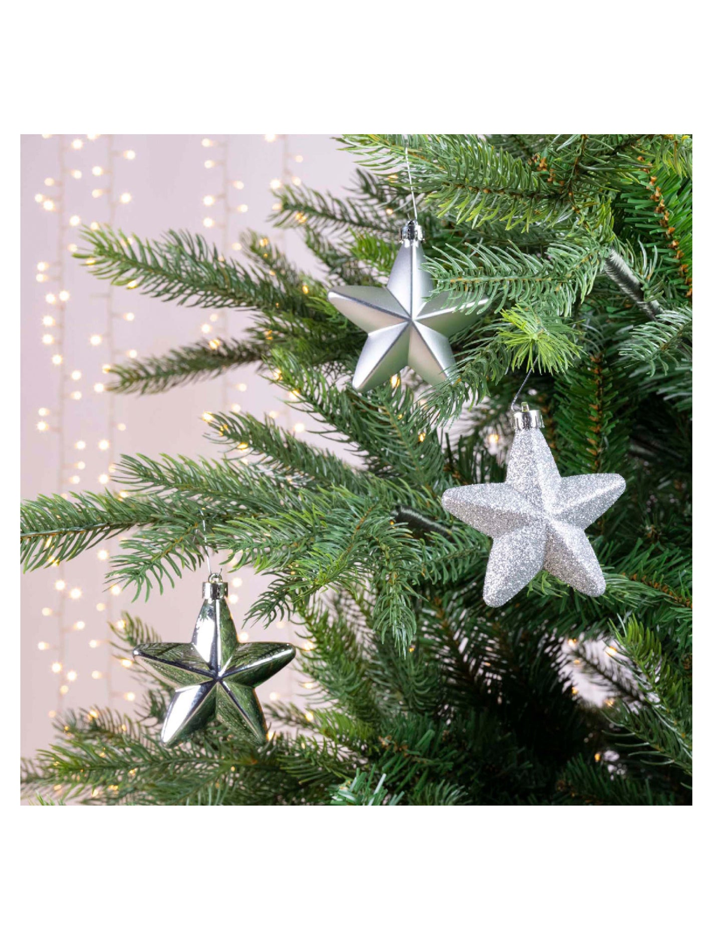 6 strieborných hviezdicových ozdôb na vianočný stromček 7,5 cm lesklý a matný