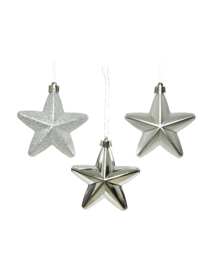 6 strieborných hviezdicových ozdôb na vianočný stromček 7,5 cm lesklý a matný