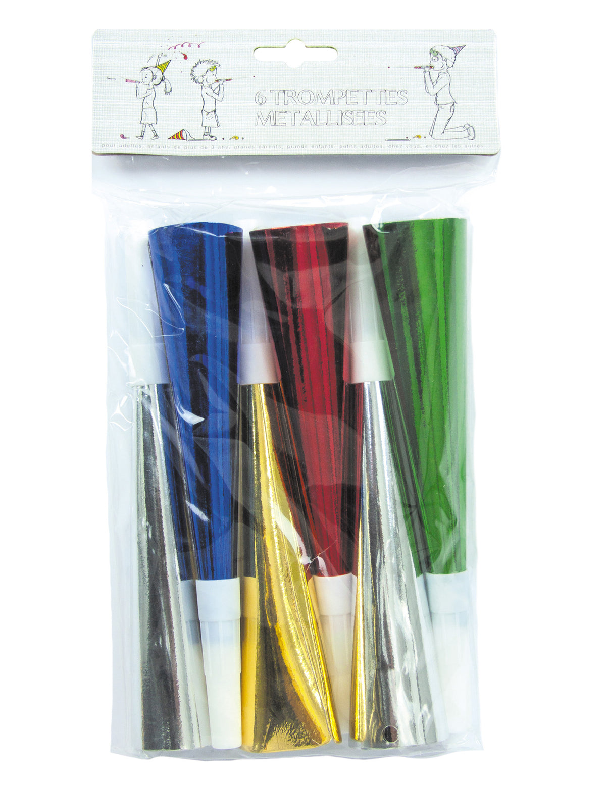 6 Trompettes colorées pour fête métallisées multicolores