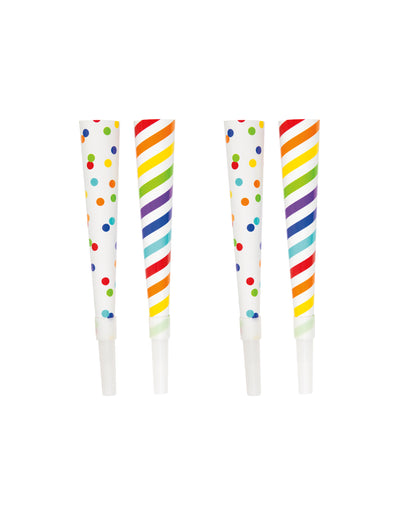 Trompettes de fête fun pour fête multicolores à pois et rayures
