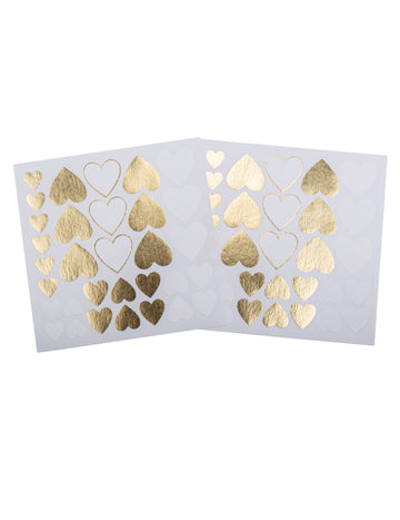64 bielych a zlatých nálepiek so srdiečkami, 1,5 až 3 cm svadobná výzdoba