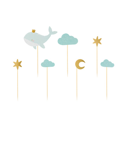 7 ozdob na tortu s motívom nebesky modrej veľryby 11 x 14 cm zlatý oblak