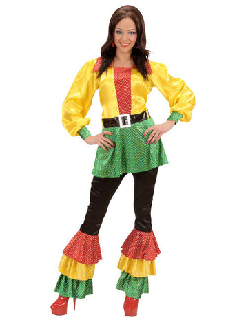 Saténové disco šaty zo 70. rokov s flitrami žlto-červeno-zelené 