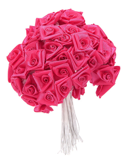 48 mini ruží zo saténu fuchsiovej farby 1 x 8 cm na stonke na svadbu 