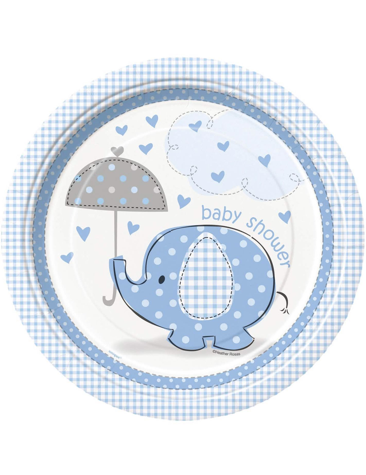 Kartónové taniere s motívom slona na baby shower pre chlapca modrá s motívom dáždnika