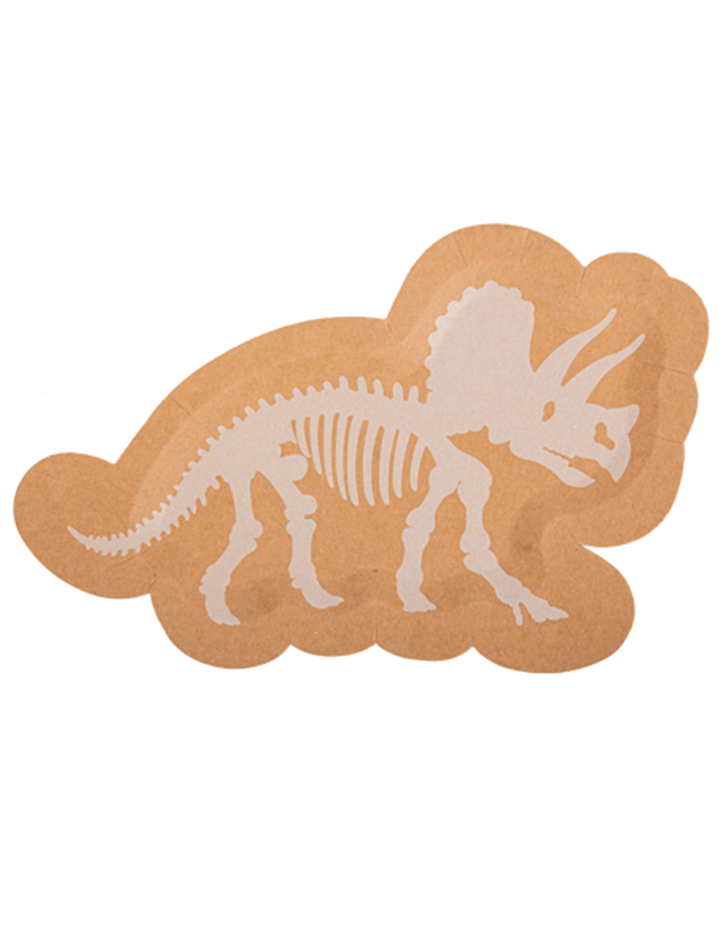 8 bielych a kraftových tanierov s dinosaurami, 14,5 x 22 cm kostra triceratopsa