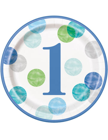 8 modrobielych papierových tanierov k 1. narodeninám 23 cm bodky