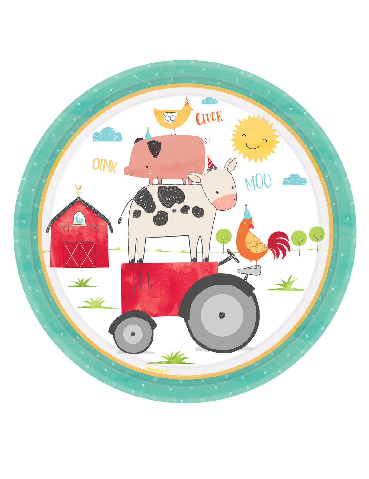 Assiettes en carton à la ferme pour enfant avec animaux et tracteur à bordure verte