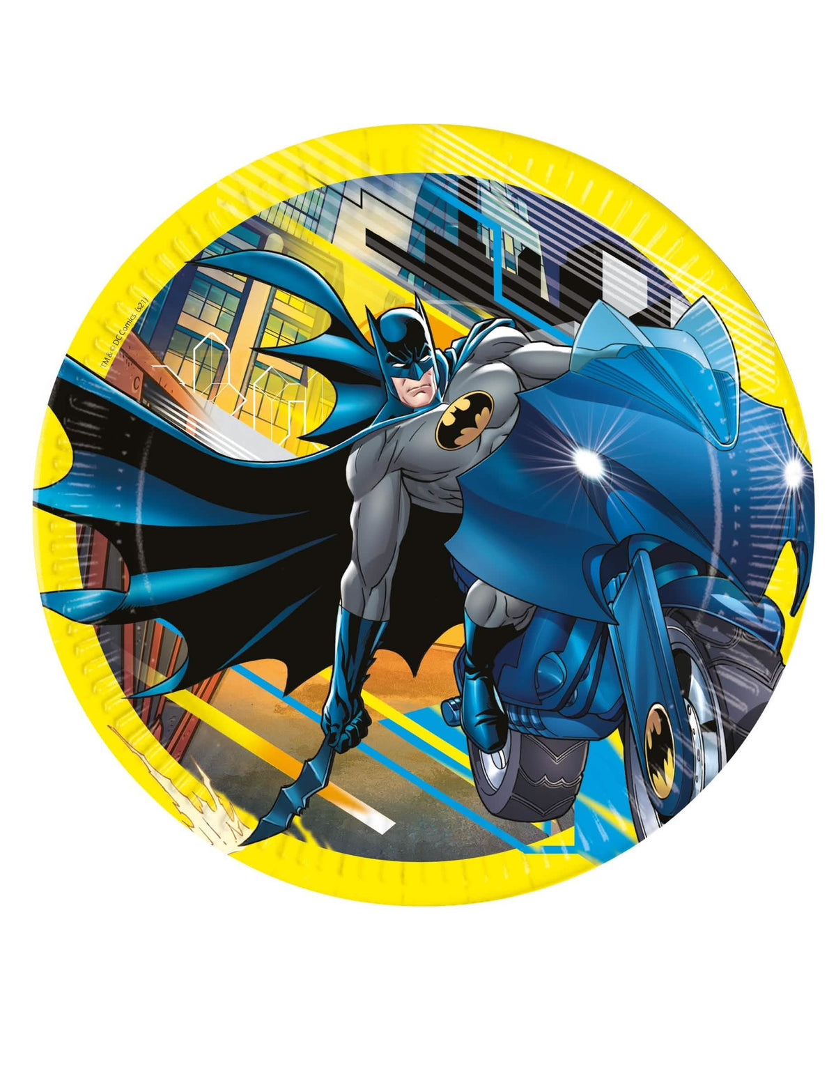 Kartónové taniere Batman na narodeniny žltá s Batmanom na jeho motorke
