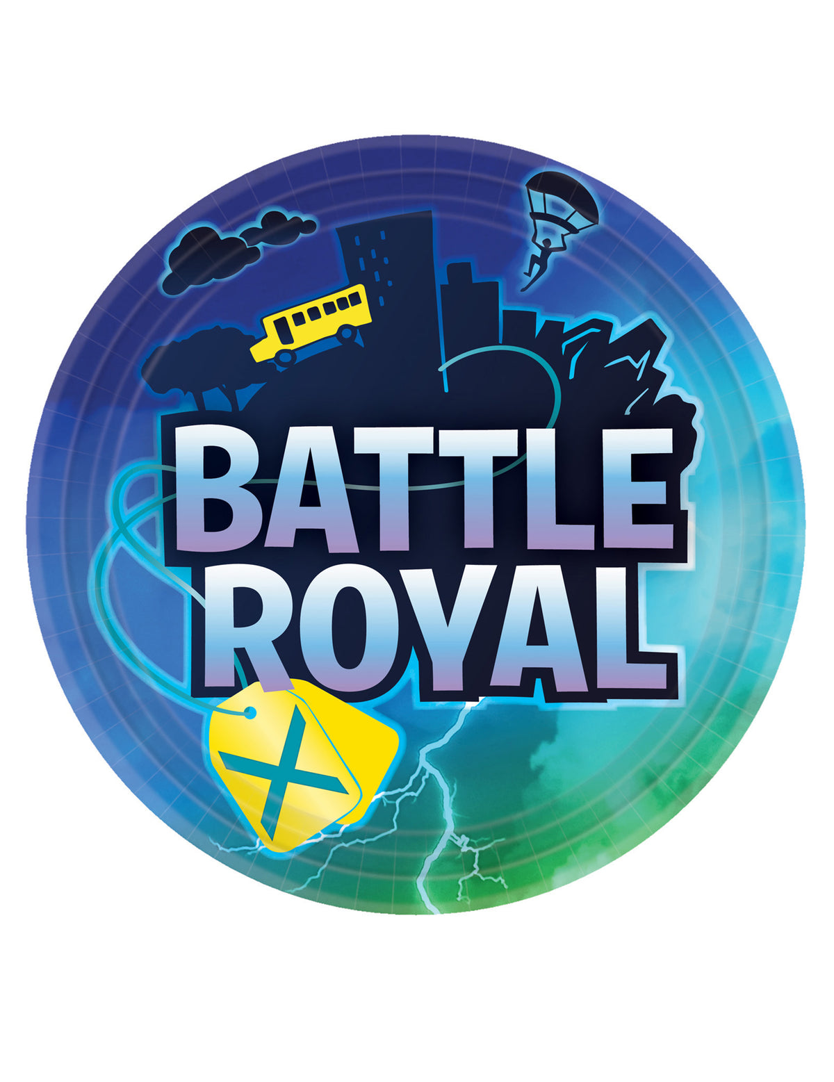 Assiettes en carton Battle Royale pour anniversaire bleu et vert avec décor urbain et bus jaune