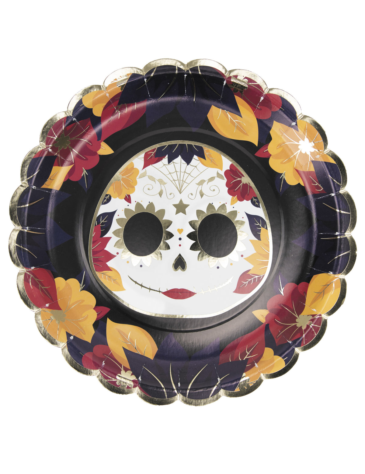 Assiettes festonnées en carton Dia de los muertos pour fête noir et doré avec motif tête de mort fleurie