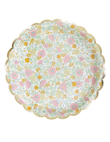 8 vlnitých papierových tanierov shabby zlatých 23 cm s kvetmi 