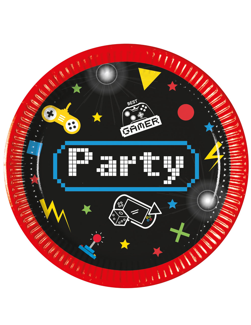 Petites assiettes en carton Gaming Party pour enfant noir et rouge avec motifs de jeux vidéo