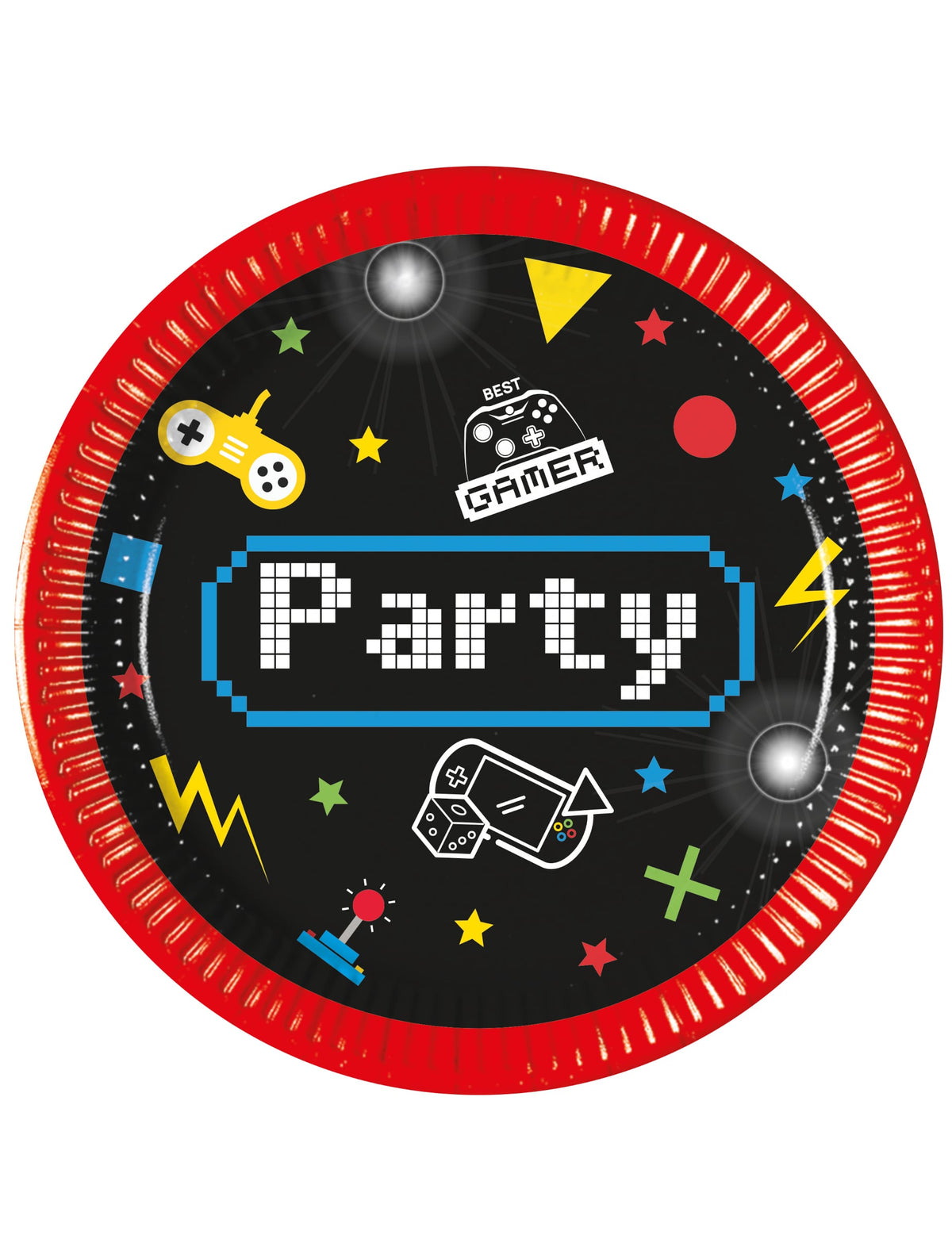 Petites assiettes en carton Gaming Party pour enfant noir et rouge avec motifs de jeux vidéo