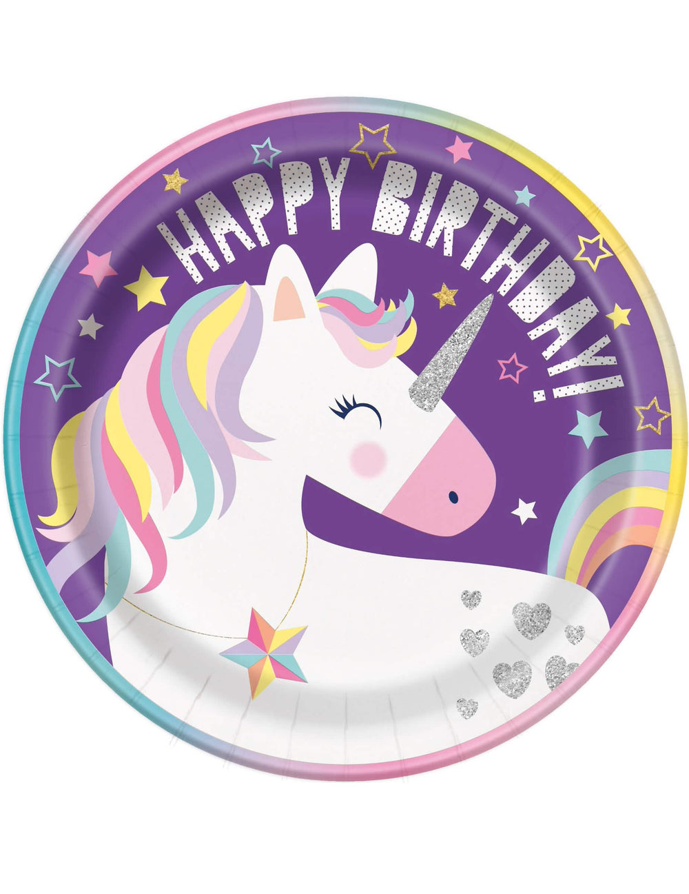 Kartónové taniere Happy Birthday jednorožce party na narodeniny dievčaťa fialové s trblietavými detailmi