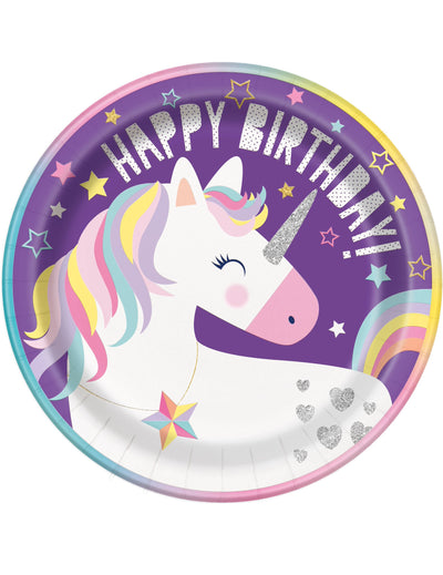 Assiettes en carton Happy Birthday licorne party pour anniversaire fille violettes avec détails pailletés