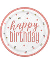 Assiettes en carton Happy Birthday pour fête blanches et roses à pois