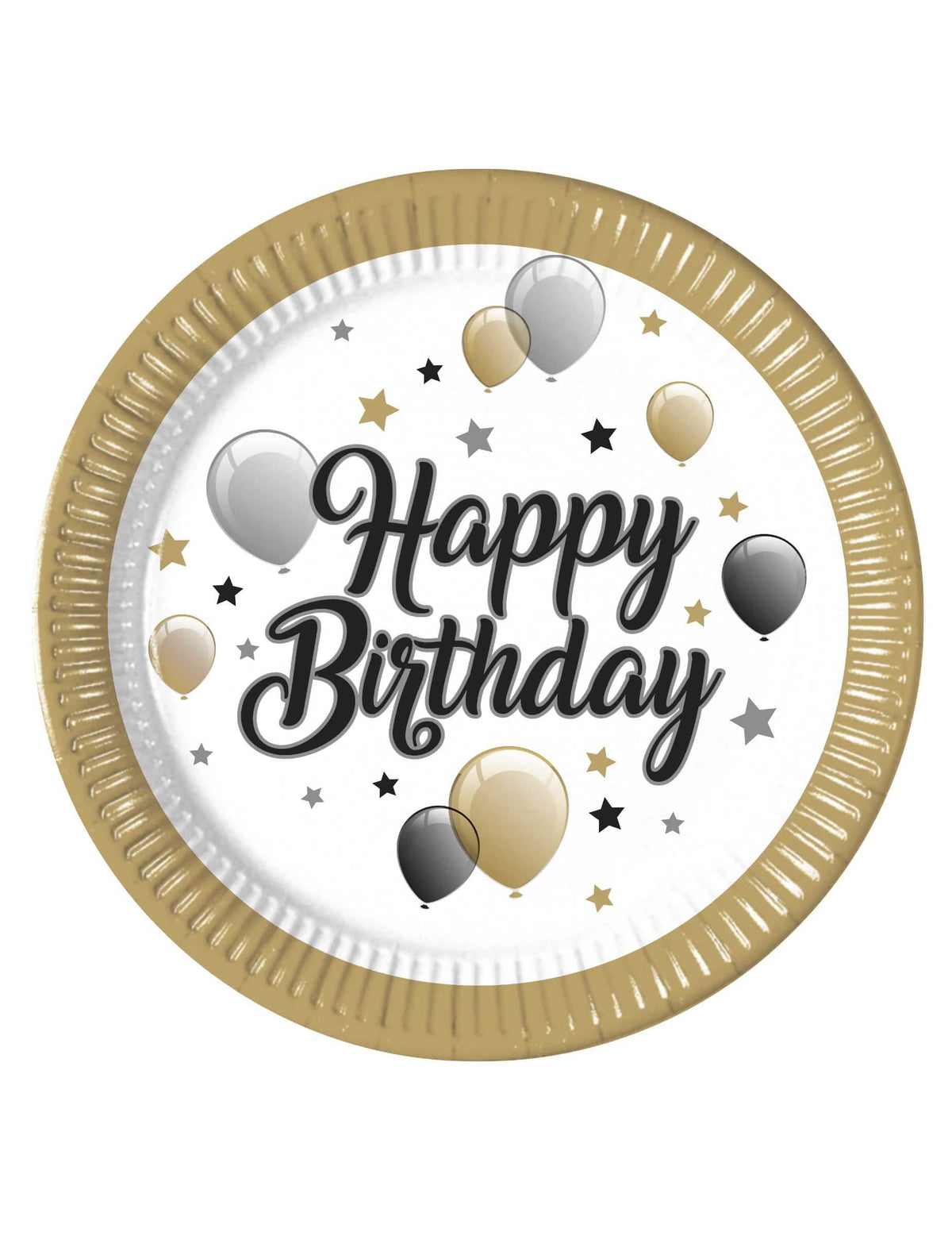 Kartónové taniere Happy Birthday na narodeniny zlatá čierna a strieborná