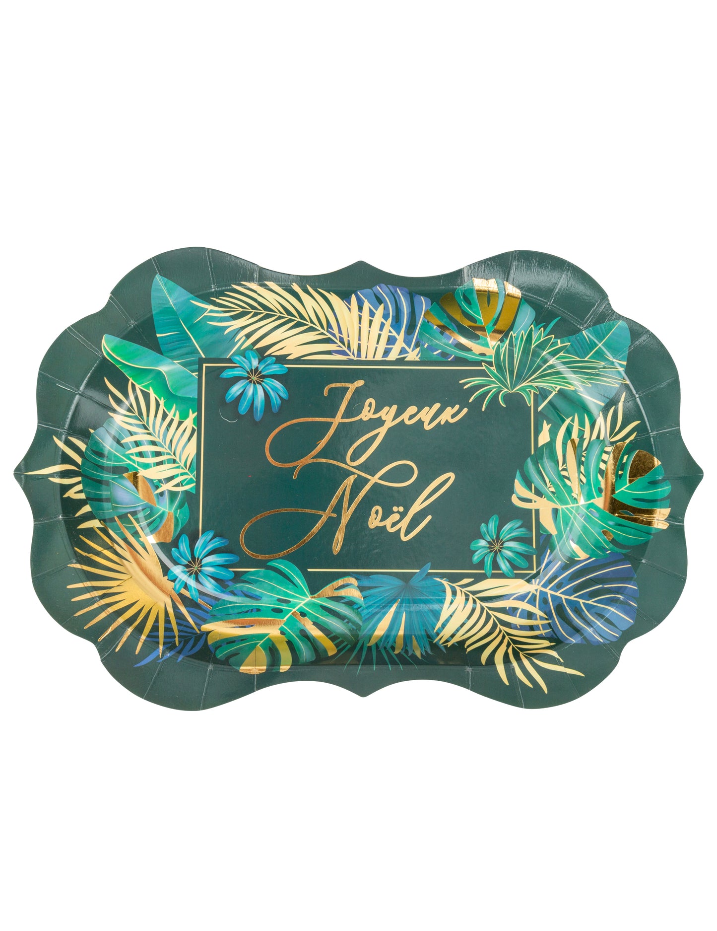 8 zeleno-zlatých kartónových tanierov s motívom džungle s nápisom Veselé Vianoce, 31,5 x 19,5 cm cm vysekané hrany