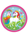 Assiettes en carton Licorne arc-en-ciel pour enfant rose avec décor château