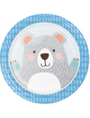 Assiettes en carton petit ours pour anniversaire gris et bleu