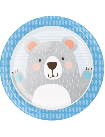 Assiettes en carton petit ours pour anniversaire bleu et gris