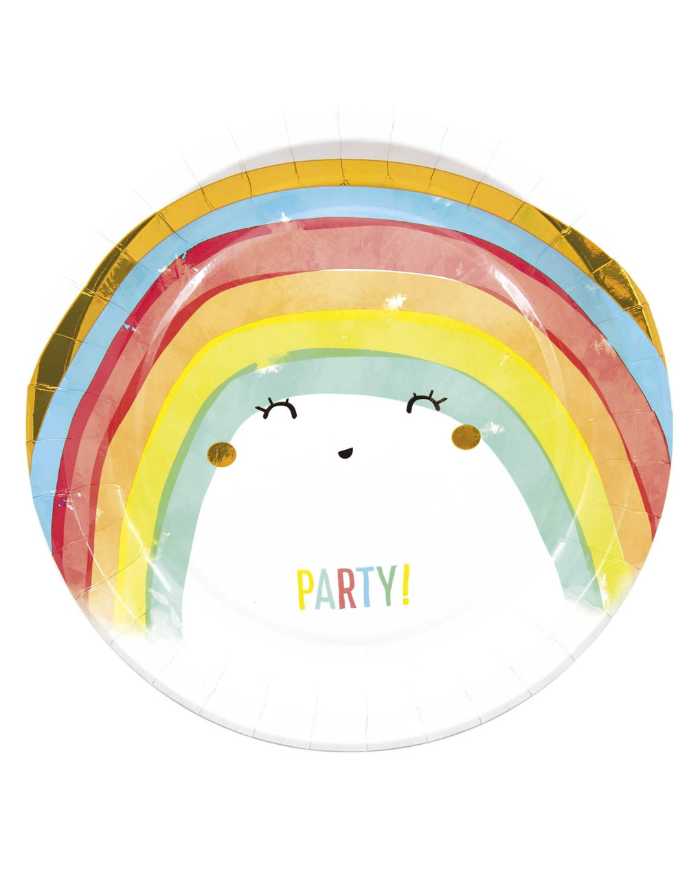 taniere z kartónu Rainbow party dúhové na multicolorovú oslavu s usmievavou tvárou a zlatým okrajom