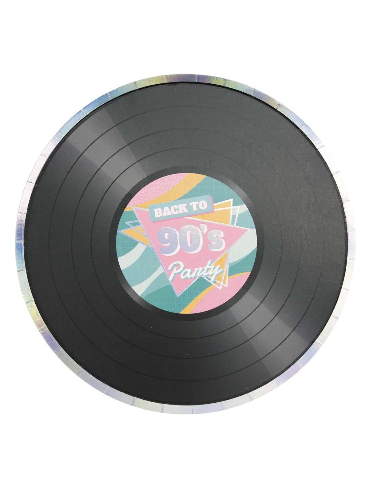 Assiettes en carton vinyle années 90 pour fête noir avec centre multicolore et bordure argentée