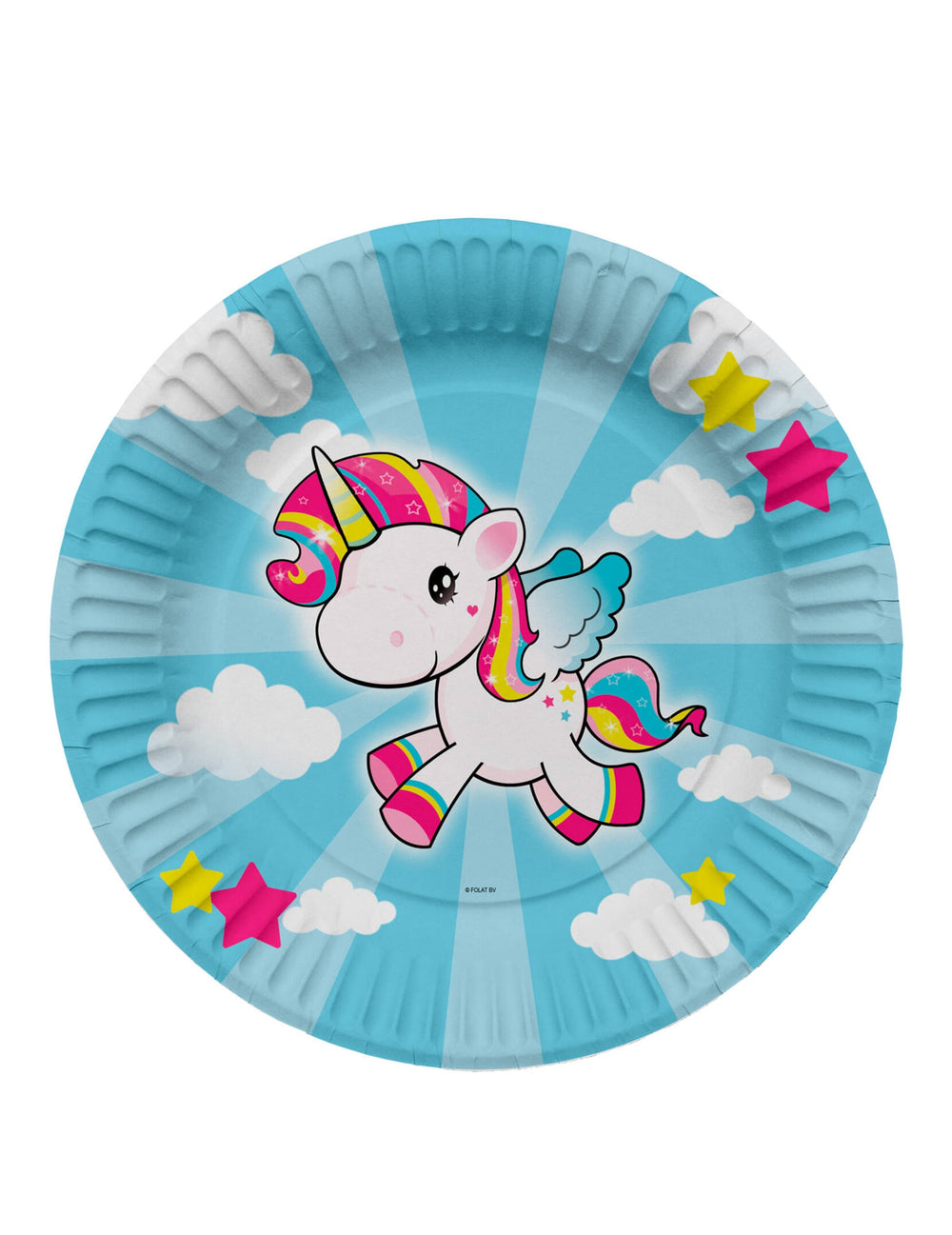 Assiettes en carton licorne pour anniversaire bleue avec licorne ailée et nuages