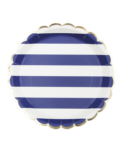 8 vlnovaných kartónových tanierov s námorníckym pruhovaným vzorom 23 cm zlatý okraj
