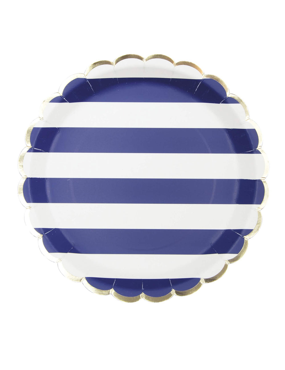 Assiettes festonnées en carton marinière pour fête bleu marine et blanc avec bord doré