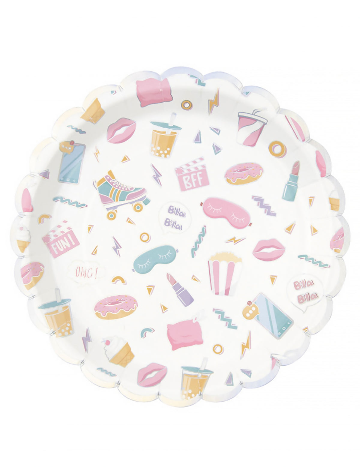 Assiettes festonnées en carton pyjama party pour enfant blanches aux motifs irisés