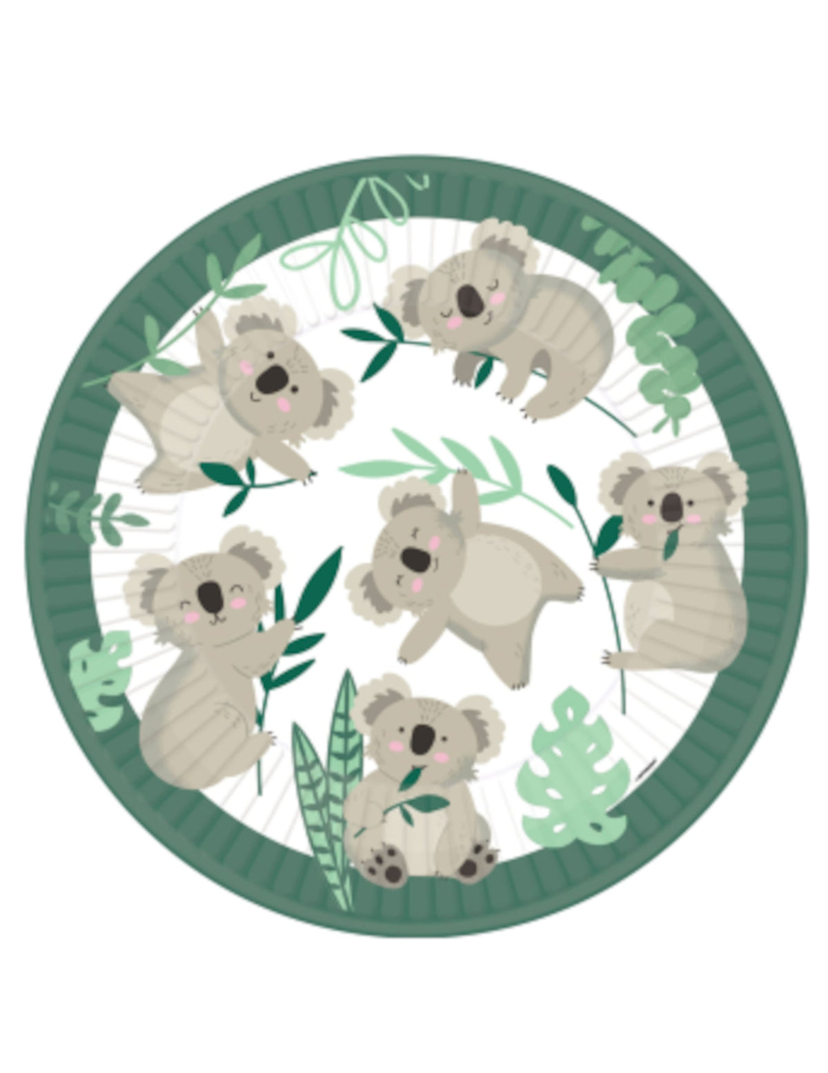 Assiettes en carton koala pour enfant vert avec décor eucalyptus