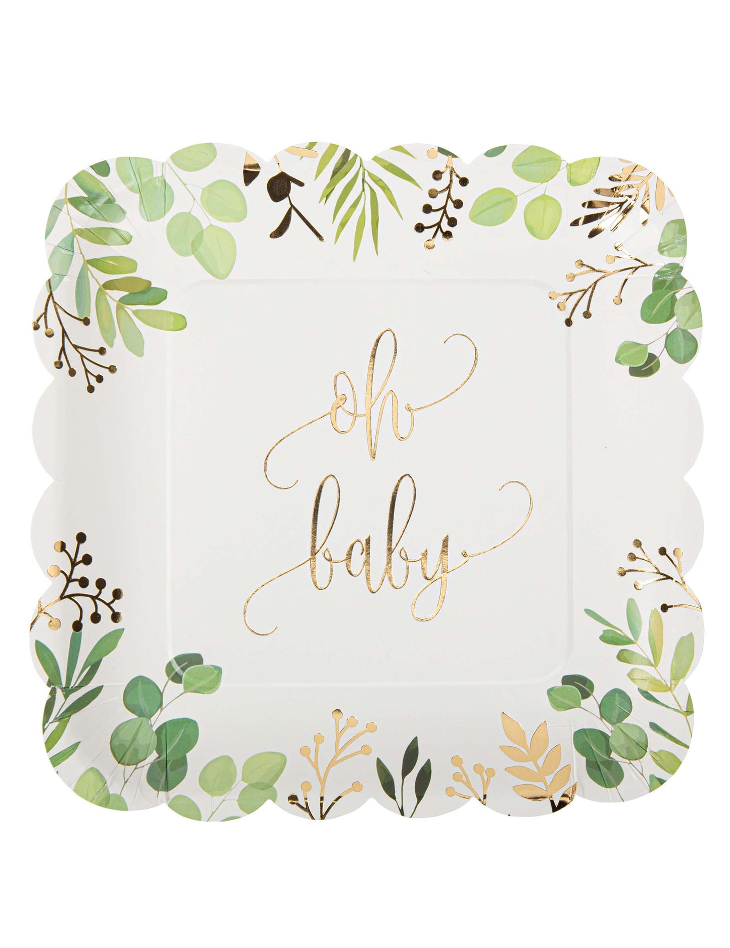 8 papierových tanierov Oh Baby Eucalyptus so zlatým lemom 23 cm vrúbkované štvorce