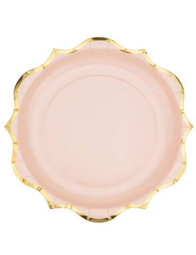 Assiettes en carton rose poudré pour fête avec bordures dorées
