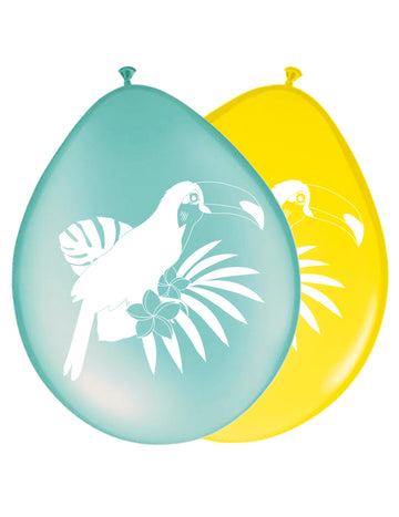 8 žlto-modrých latexových balónov s motívom tukana 30 cm na tropickú dekoráciu