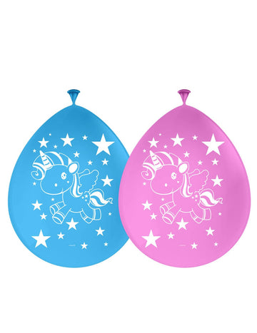 6 Ballons latex Licorne bleus et roses avec motifs d'étoiles blanches