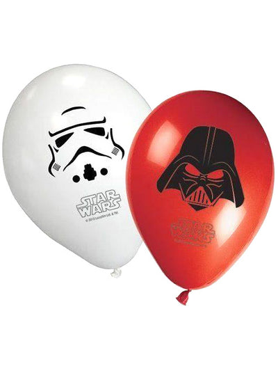 Ballons latex Star Wars rouges et blancs avec imprimés Stormtrooper et Dark Vador