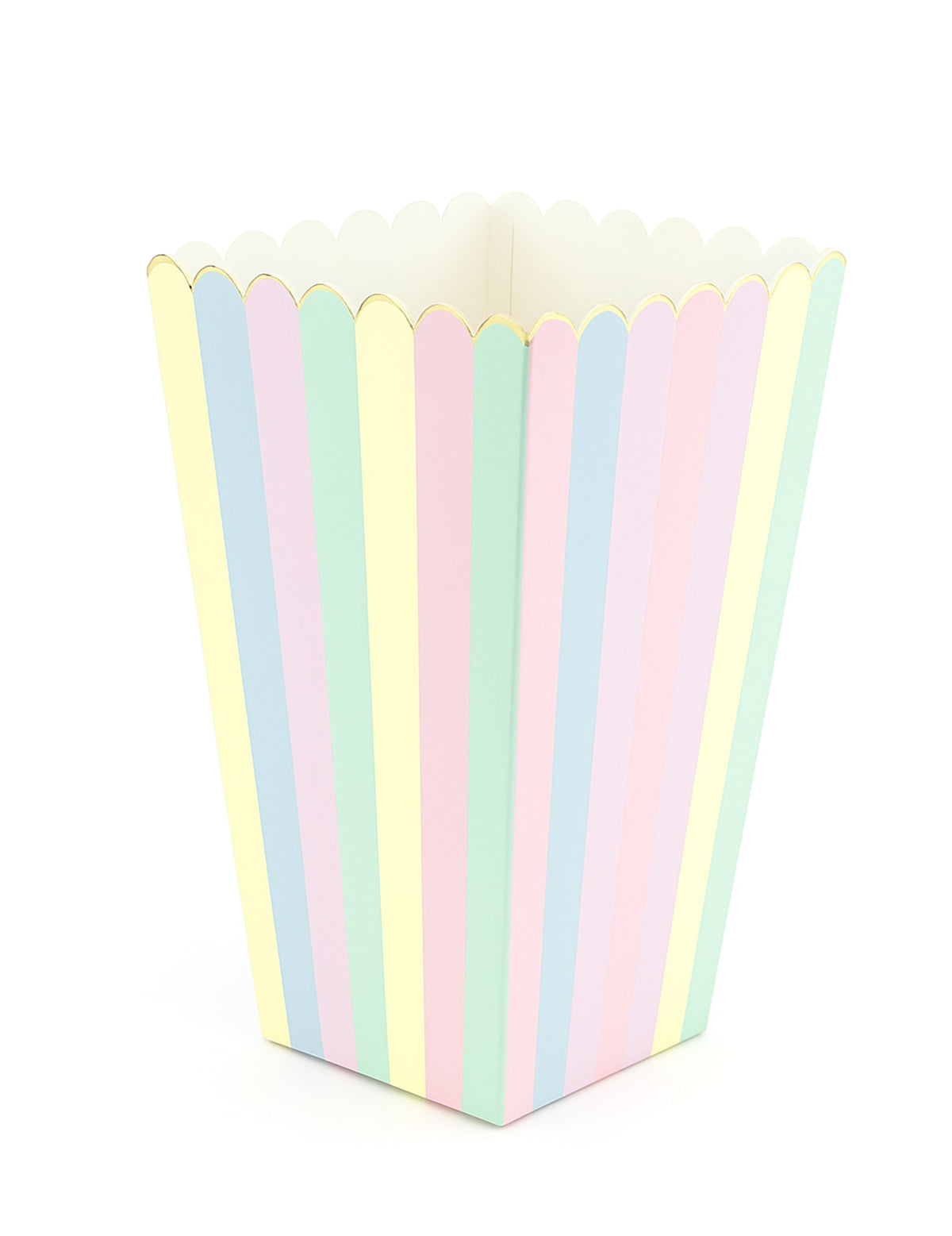 Boîte à pop corn arc-en-ciel et or pour fête à rayures pastel en carton