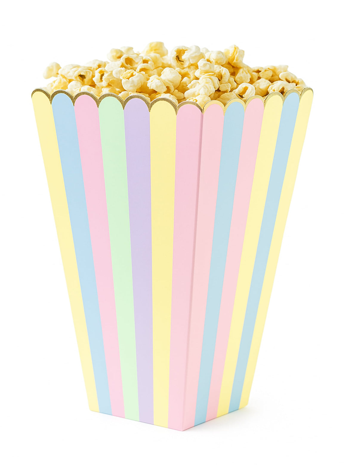 Vue remplie de pop corn de la boîte à pop corn arc-en-ciel et or pour fête
