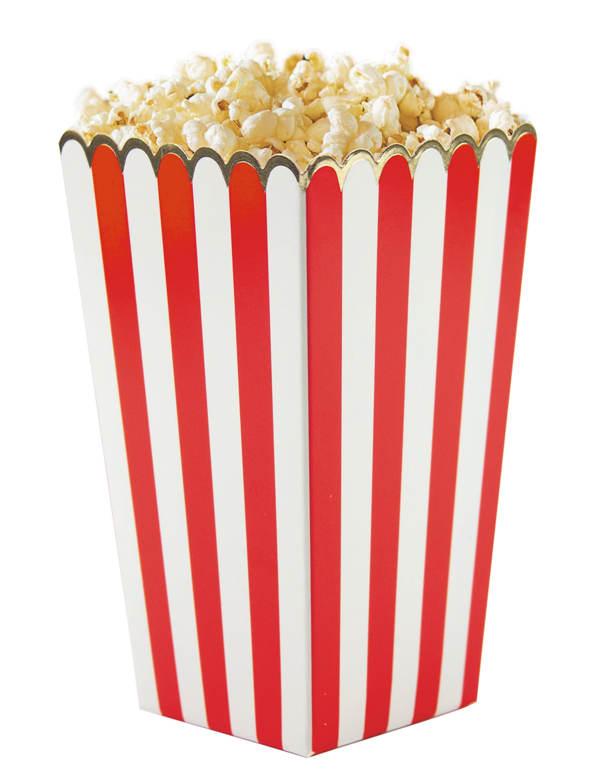 Gros plan sur une boîte remplie du lot de boîtes à popcorn à rayures pour fête rouges et blanches avec liseré doré